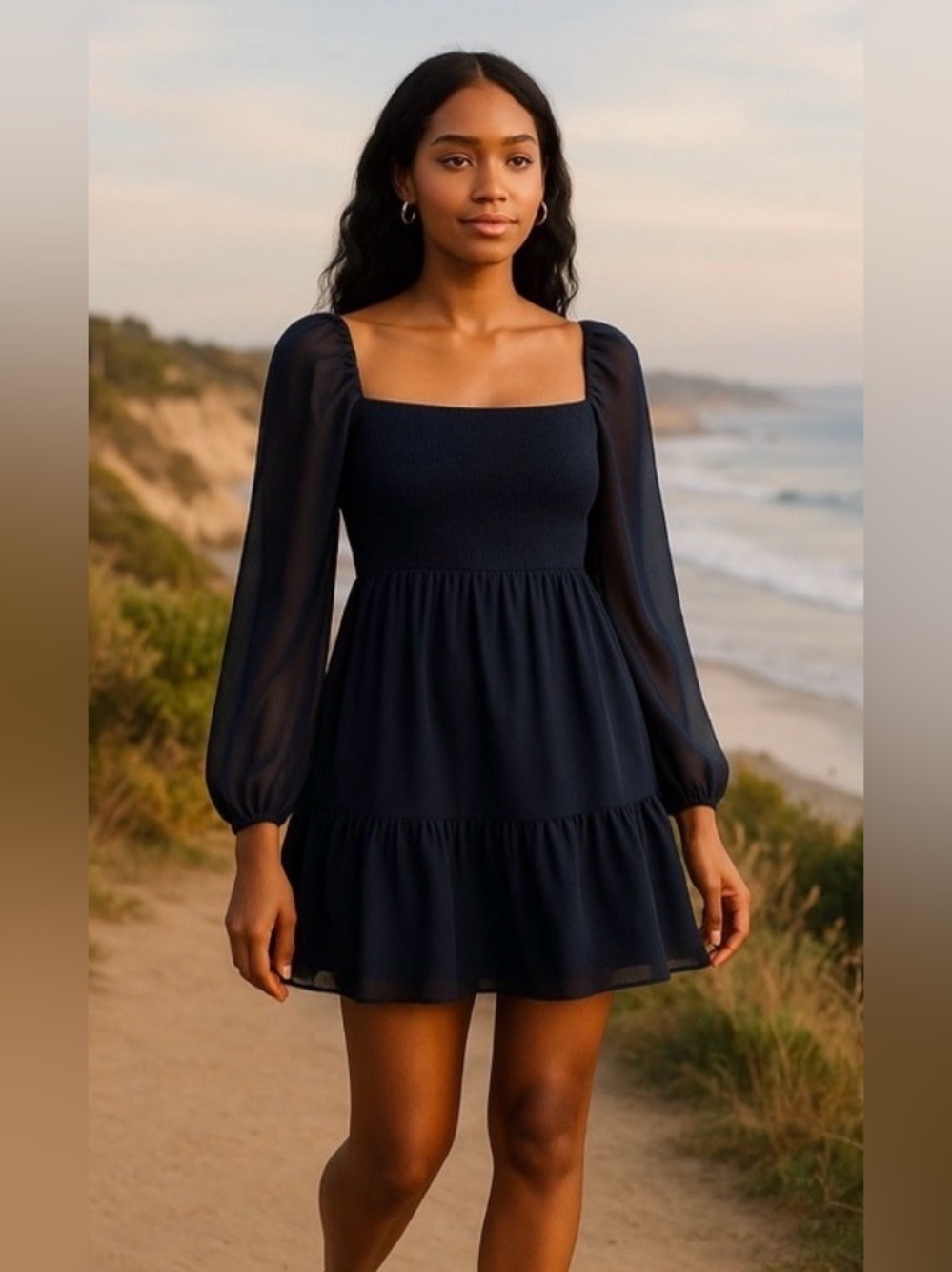 Quince Navy Babydoll Chiffon Smocked Mini Dress Sheer Sleeve NWT XS #1260